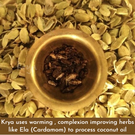 Cold pressed virgin coconut oil analysis: Krya uses warming herbs like ela to change the nature of Coconut oil
