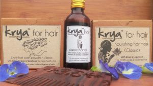 Krya Classic hair nourishing system is a 3 part hair system that cleanses, unclogs the scalp, and provides balanced nourishment to oily pitta prone hair