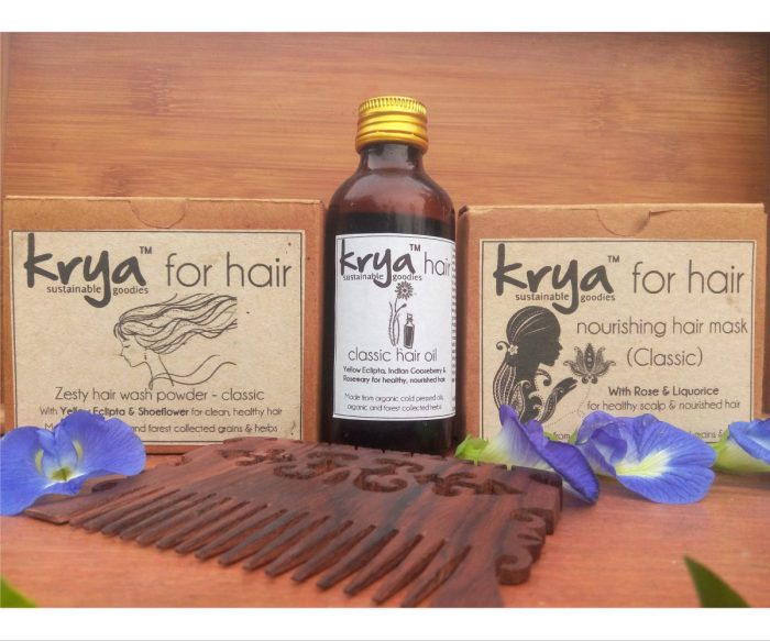 Krya Classic hair nourishing system is a 3 part hair system that cleanses, unclogs the scalp, and provides balanced nourishment to oily pitta prone hair