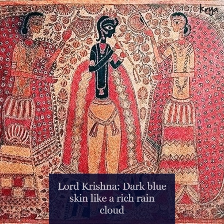 Lord Krishna sparkles with dark, bluish black skin