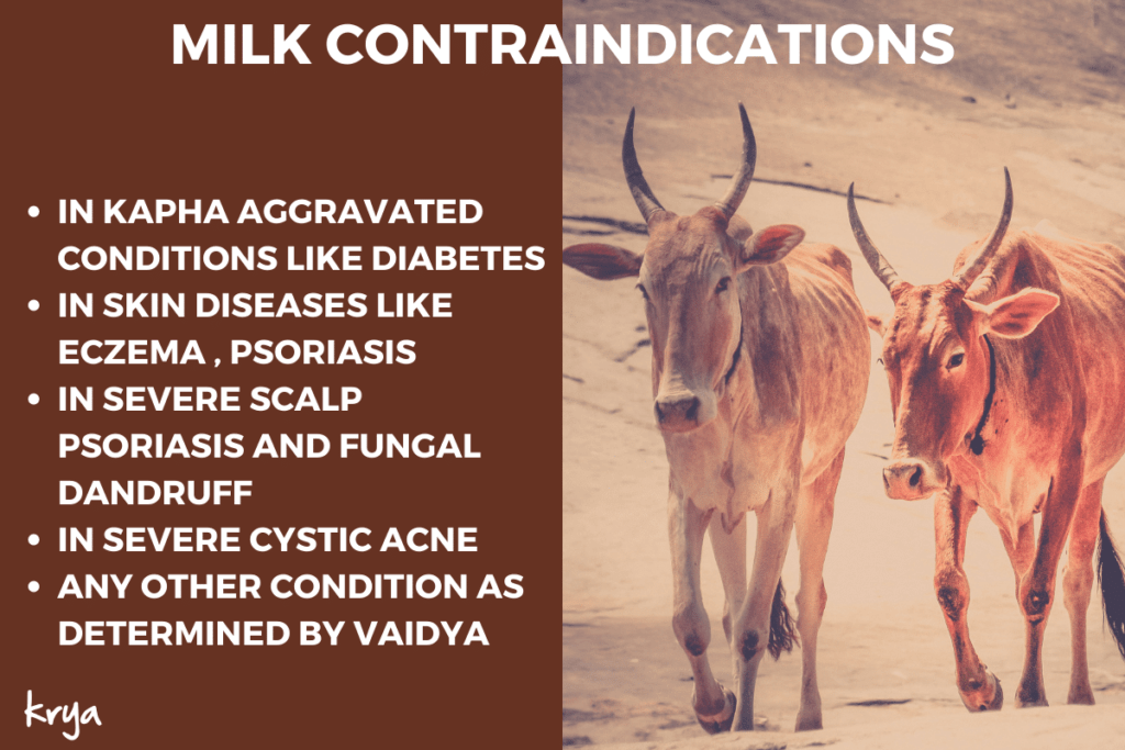 Milk is contraindicated in many Kapha related conditions like diabetes, cystic acne, skin disease, etc
