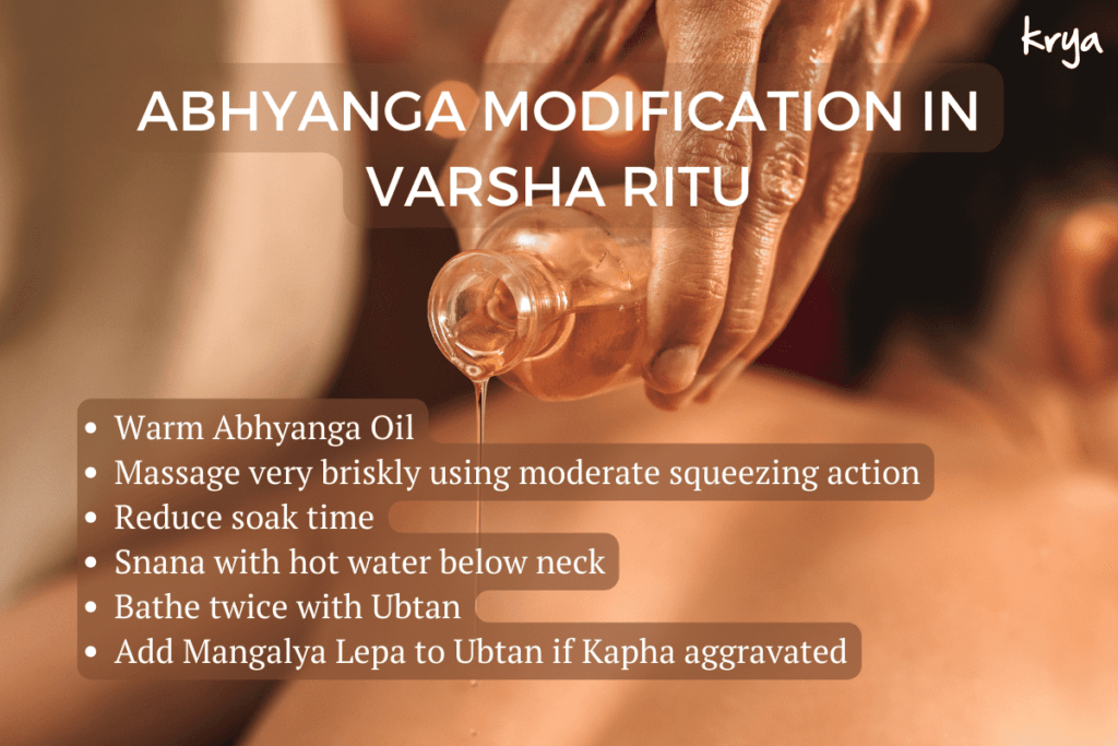 What abhyanga modifications to follow as part of varsha ritu?
